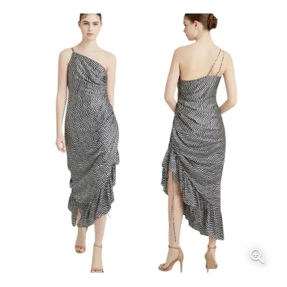 Cinq A Sept Silk Christel Ruched One Shoulder Ruched Silk Zebra Print Dress - Picture 8 of 9